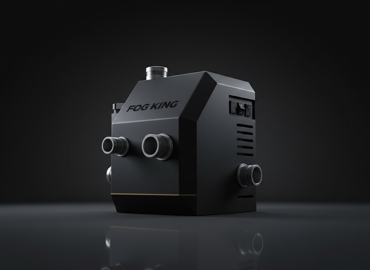 A powerful close-up of a matte black industrial grease recovery unit branded FOG KING, its angular steel housing and precision-machined fittings gleaming with subtle metallic highlights. The device sits alone on a seamless dark charcoal surface that softly reflects its base, against a nearly black background with a faint gradient. Hard, directional studio lighting from the upper left carves out crisp edges and sharp shadows, emphasizing vents, pipe connections, and control panel contours. The mood is bold, technical, and confident, conveying cutting-edge reliability. Photographic realism, shot at a slightly low angle with sharp focus throughout, centering the unit in the frame for maximum presence, minimalist composition with no distractions, accented by a thin gold reflection line along one edge hinting at the brand’s signature color.