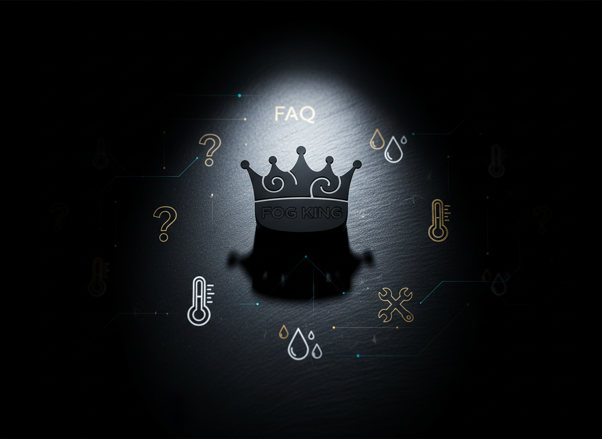 A bold, abstract FAQ concept image showing a simplified FOG KING silhouette in matte black, placed centrally on a smooth, dark slate surface. Around it, sharply etched white and gold line icons—question marks, droplets, temperature symbols, and wrenches—are engraved into the surface, receding into soft blur as they move outward. A strong, focused spotlight from above creates a circular pool of light around the unit, with crisp radial shadows and a high-contrast falloff to black at the edges of the frame. The atmosphere is confident and analytical, implying clear answers and technical authority. Photographic realism with subtle graphic overlays, top-down composition, shallow depth of field emphasizing the central device and nearby symbols while the outer icons dissolve into darkness.