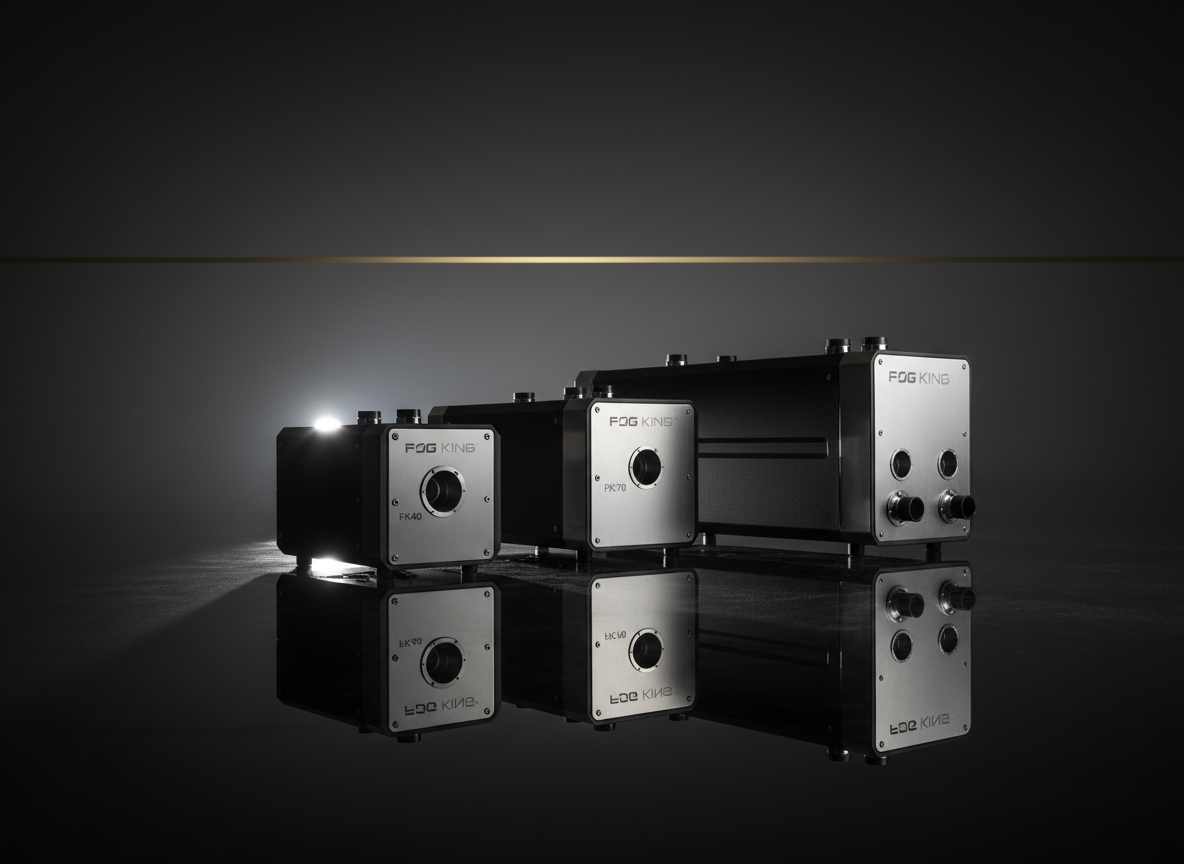 Three FOG KING models—FK40, FK70, FK80—lined up on a smooth, black reflective surface, each slightly staggered to showcase different capacities and connection layouts. The FK40 is most compact, the FK70 mid-sized, and the FK80 largest, all in matching matte black and brushed stainless finishes with subtle engraved labels. A narrow beam of hard, directional light sweeps across from the left, carving precise reflections and throwing distinct, layered shadows behind each unit, emphasizing the progression of scale. The background is a deep charcoal gradient fading to black, with a minimal gold accent bar hovering faintly above the horizon line. Photographic realism, low-angle composition to make the products feel imposing and powerful, sharp focus throughout, bold and minimalist, ideal for a Products overview hero.