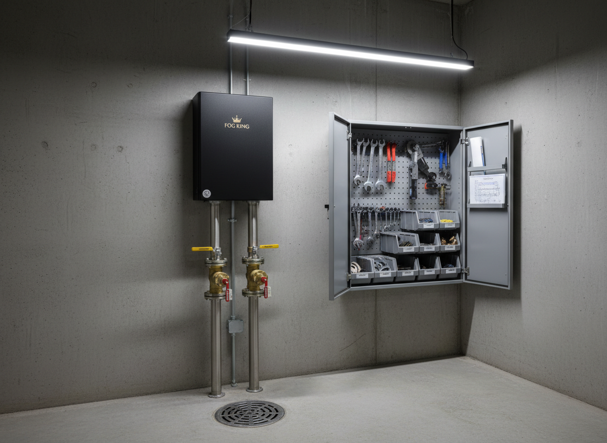 A crisp, organized install & maintenance workspace featuring a mounted FOG KING unit on a concrete wall, with neatly routed stainless pipes, labeled isolation valves, and a nearby floor drain. An open, wall-mounted gray cabinet reveals maintenance tools, gaskets, and a laminated schematic diagram of the system. The space is lit by a strong overhead industrial LED fixture, creating sharp, downward shadows that define every edge and conduit. The background is uncluttered raw concrete with faint texture, in cool gray tones that contrast with the black unit and subtle gold logo. Photographic realism, slightly elevated angle with the unit dominant in the frame, deep focus to highlight every connection detail, conveying order, ease of service, and professional installation standards.