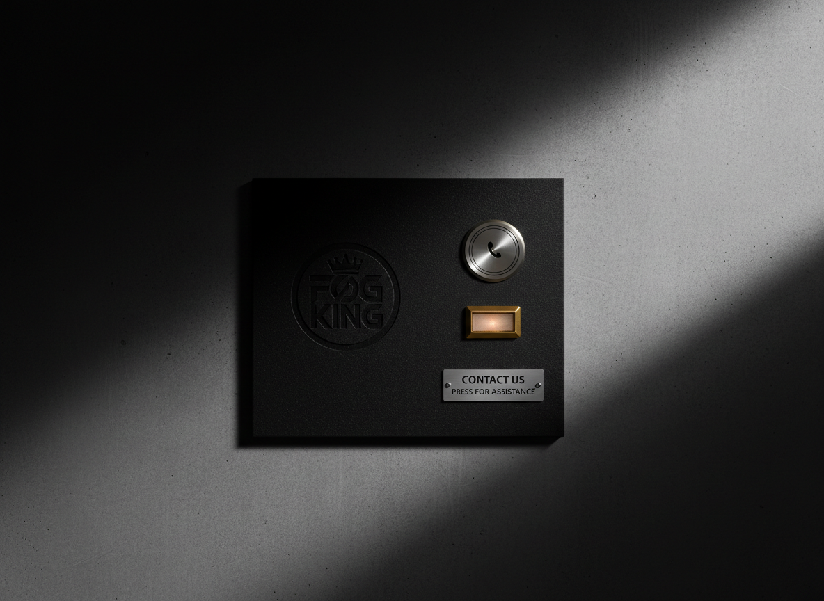 A minimalist Contact page image with a solid, matte black industrial-grade wall panel featuring an embossed FOG KING emblem and a precise arrangement of three metallic interface elements: a brushed steel call button, a small gold-edged status light, and a clean, engraved label plate. The panel is mounted on a smooth concrete wall fading to darkness at the edges. A narrow shaft of intense side light from the right rakes across the surface, revealing fine textures, crisp highlights, and deep, graphic shadows. Photographic realism, centered composition with lots of negative space, the mood is direct, professional, and inviting action without clutter. The sharp, directional lighting and restrained black, gray, and gold palette echo the site’s bold, industrial identity.