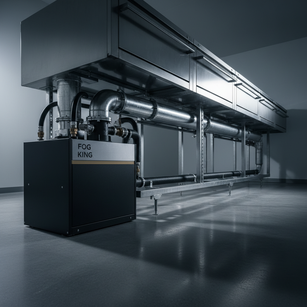 An industrial stainless-steel oven line for high-volume commercial kitchens, with a robust FOG KING grease recovery unit installed beneath the primary discharge point. Heavy gauge ducting and insulated grease lines connect cleanly into the black and brushed-metal device, which features a subtle gold accent stripe. The equipment stands on a smooth, dark concrete floor inside a spotless mechanical room with bare gray walls. Dramatic side lighting from the right creates high-contrast highlights on the metal surfaces and casts long, crisp shadows across the floor, producing a cinematic, high-impact look. Photographic realism, eye-level composition with the FOG KING unit positioned on the rule of thirds, deep focus to keep all plumbing and hardware details razor-sharp, communicating engineered order, robustness, and professional-grade performance.